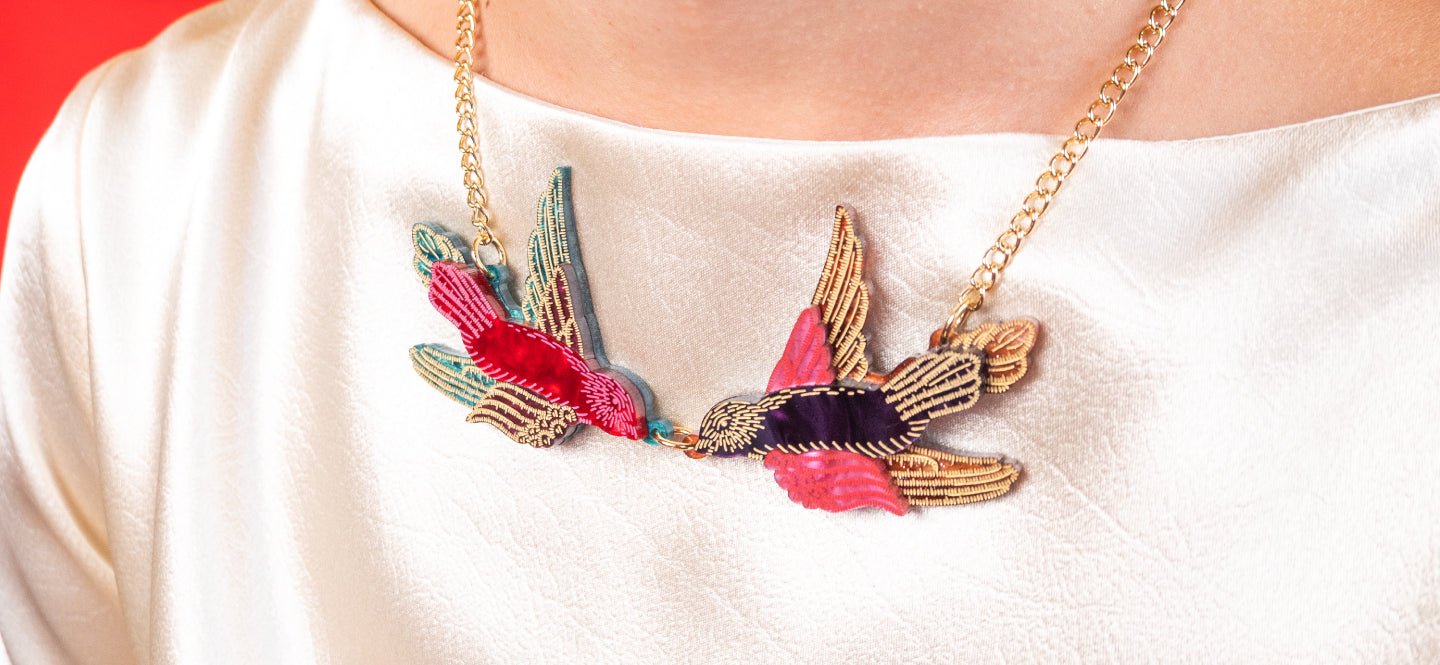 Embroidered Birds Necklace.