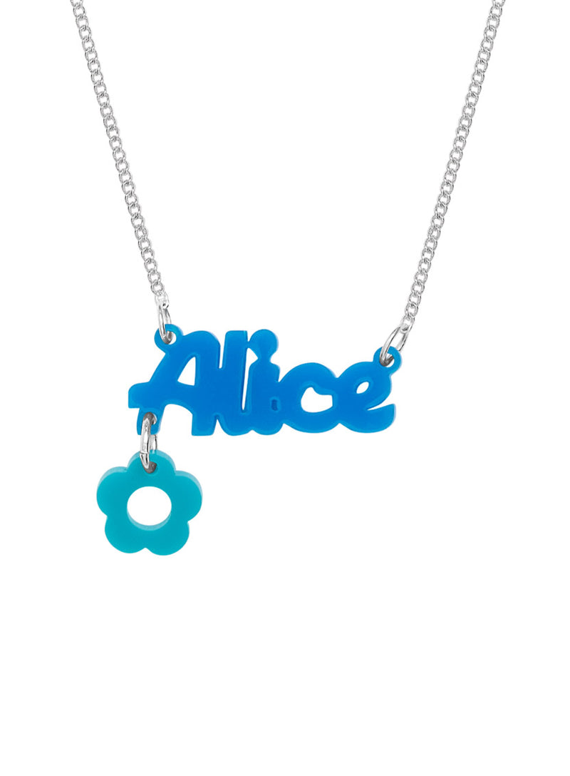 Custom personalised acrylic Name Necklace with blue 'Alice' name pendant and a turquoise flower charm, on a silver chain, a white background.