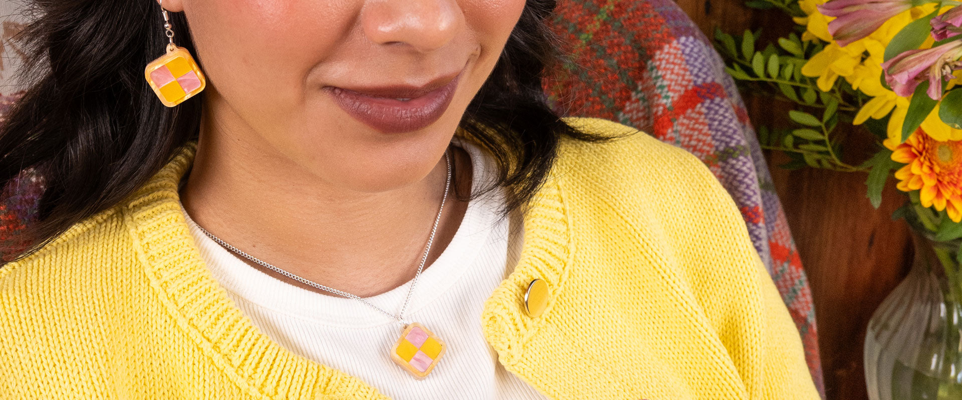 Battenberg Cake Necklace and Earrings from the Tea Cosy collection