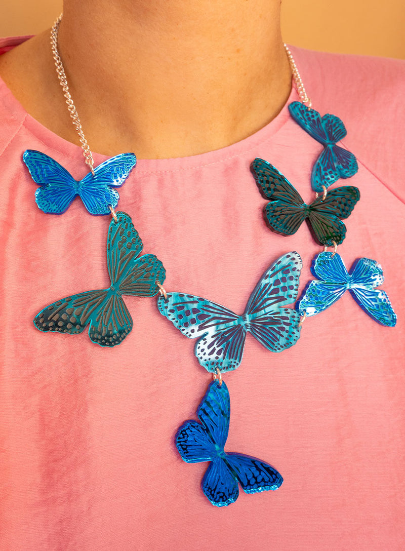 Blue Butterflies Statement Necklace - Something blue wedding necklace