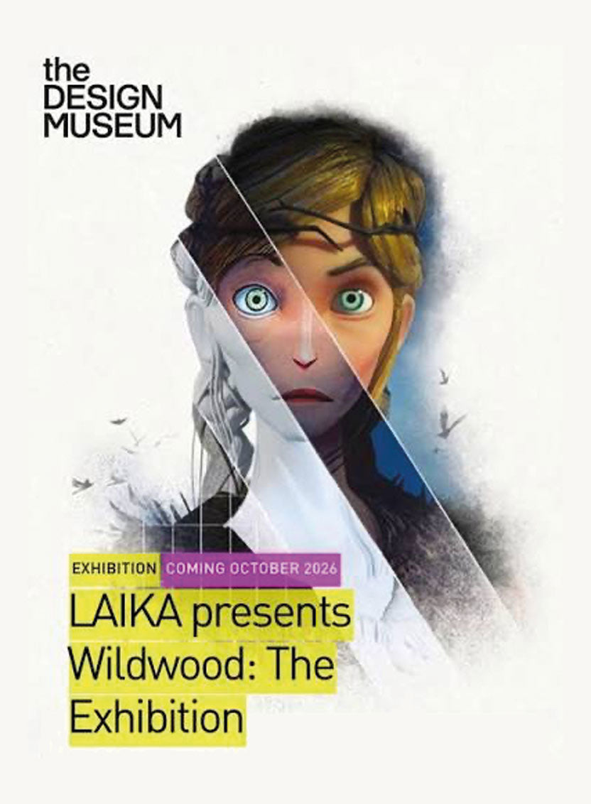 Promotional poster for 'Wildwood: The Exhibition' at The Design Museum, featuring a stylized portrait of a woman with split light and dark hair, green eyes, and a white veil, with exhibition text on a white background.