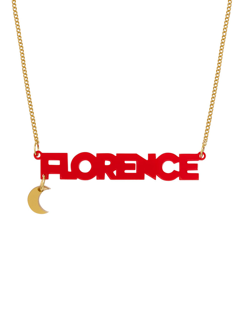 Personalised Name Necklace with 'FLORENCE' in red and a gold moon charm on a white background.