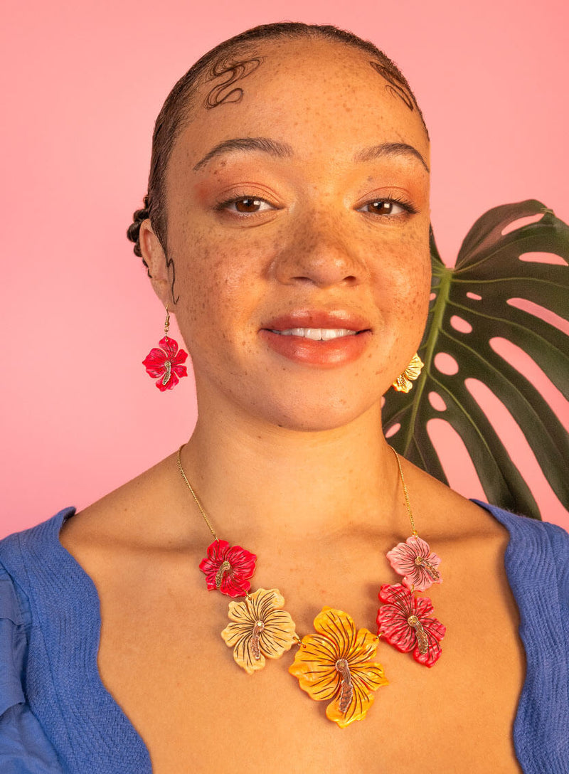 Hibiscus Flower Statement Necklace and Earrings - Orange and Pink