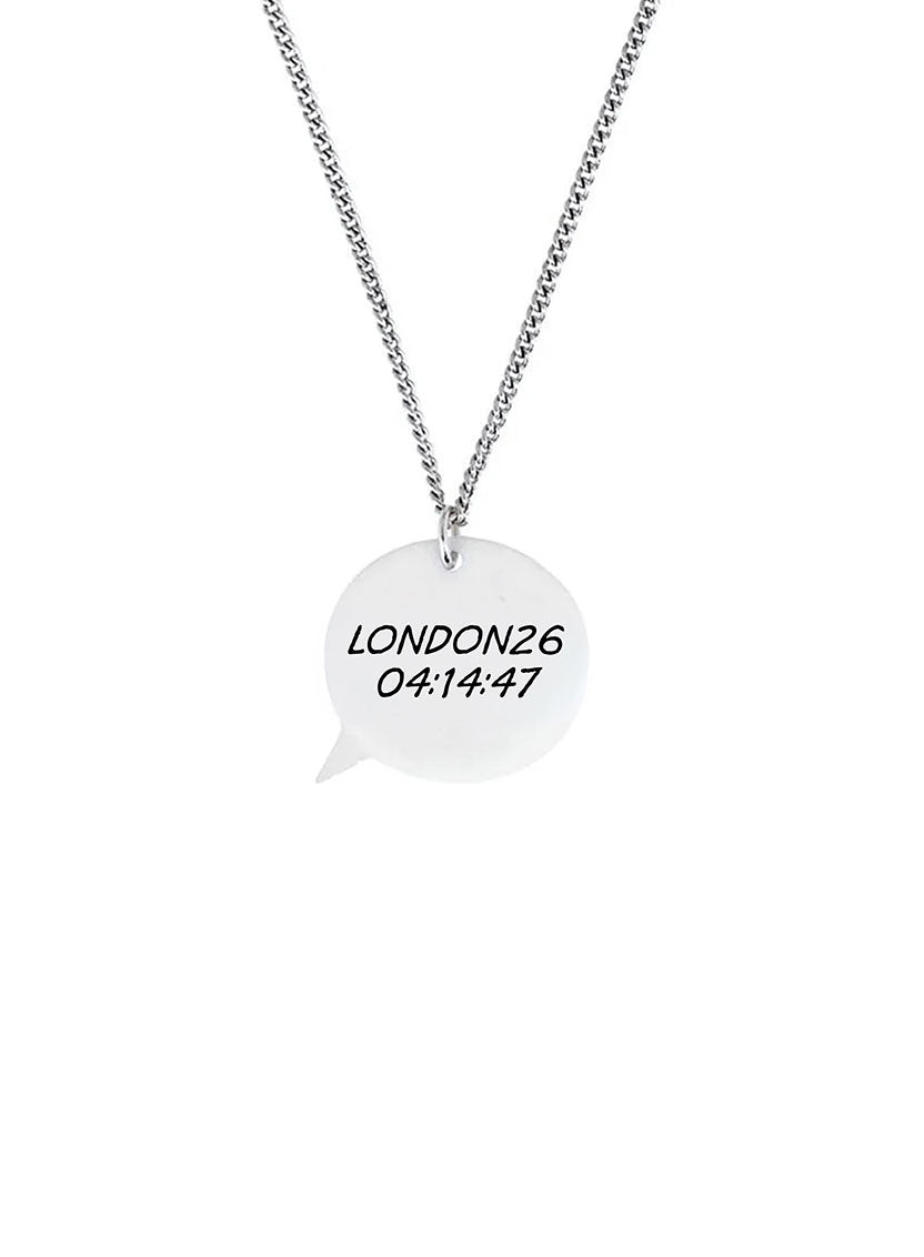 Necklace with a speech bubble pendant displaying 'LONDON26 04:14:47' on a white background.