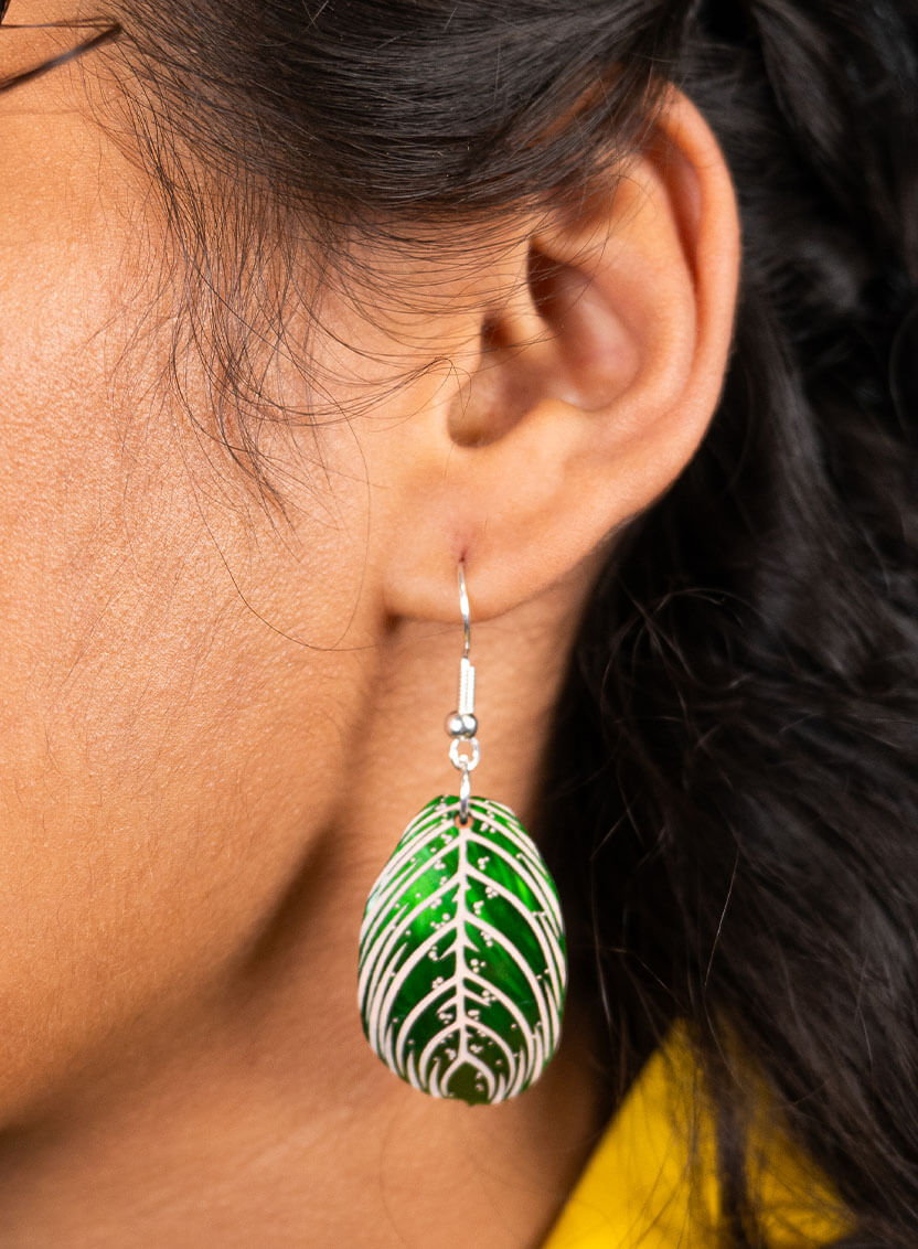 Swirling Green Prayer Plant Leaves Earrings etched with pink details