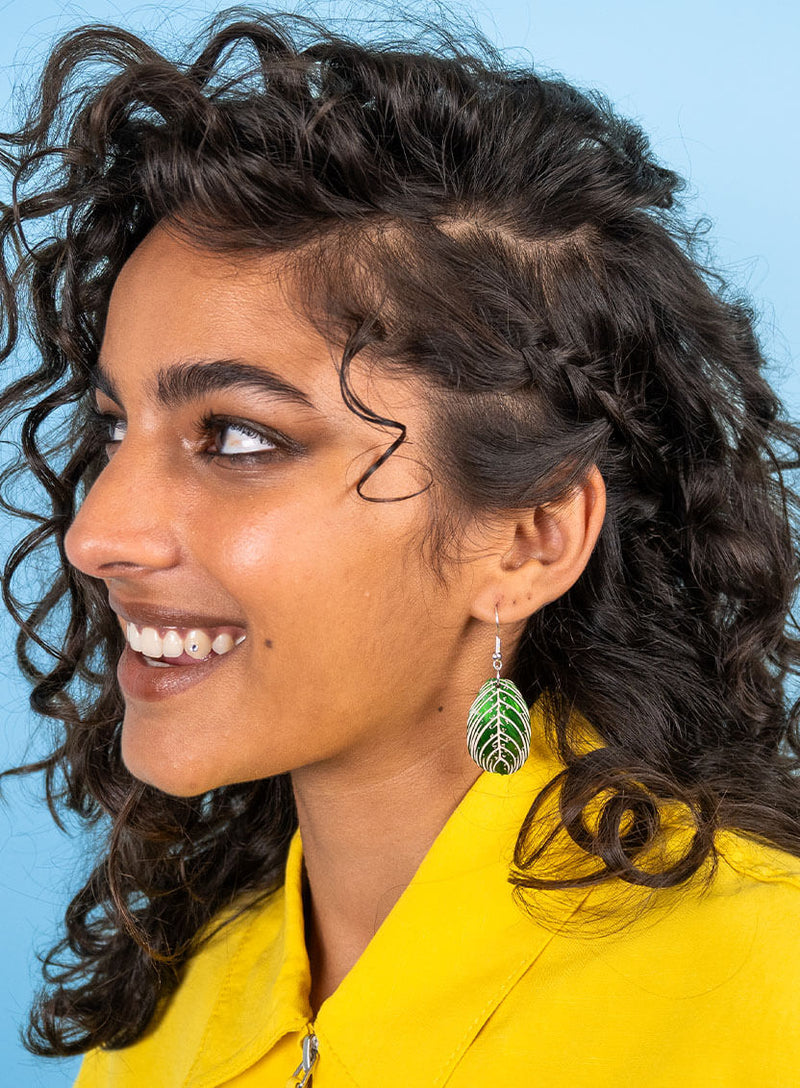 Pearlescent Green Prayer Plant Leaves Earrings etched with pink details