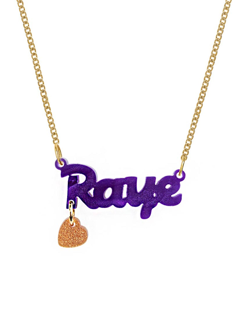 Personalised Name Necklace in limited edition Plum Pearl acrylic. The name is 'Raye', with a glitter heart charm, on a gold chain.