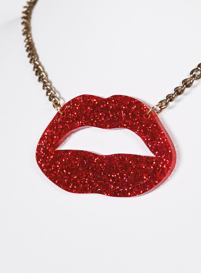 Glitter Red Antique Lipstick Kiss Necklace
