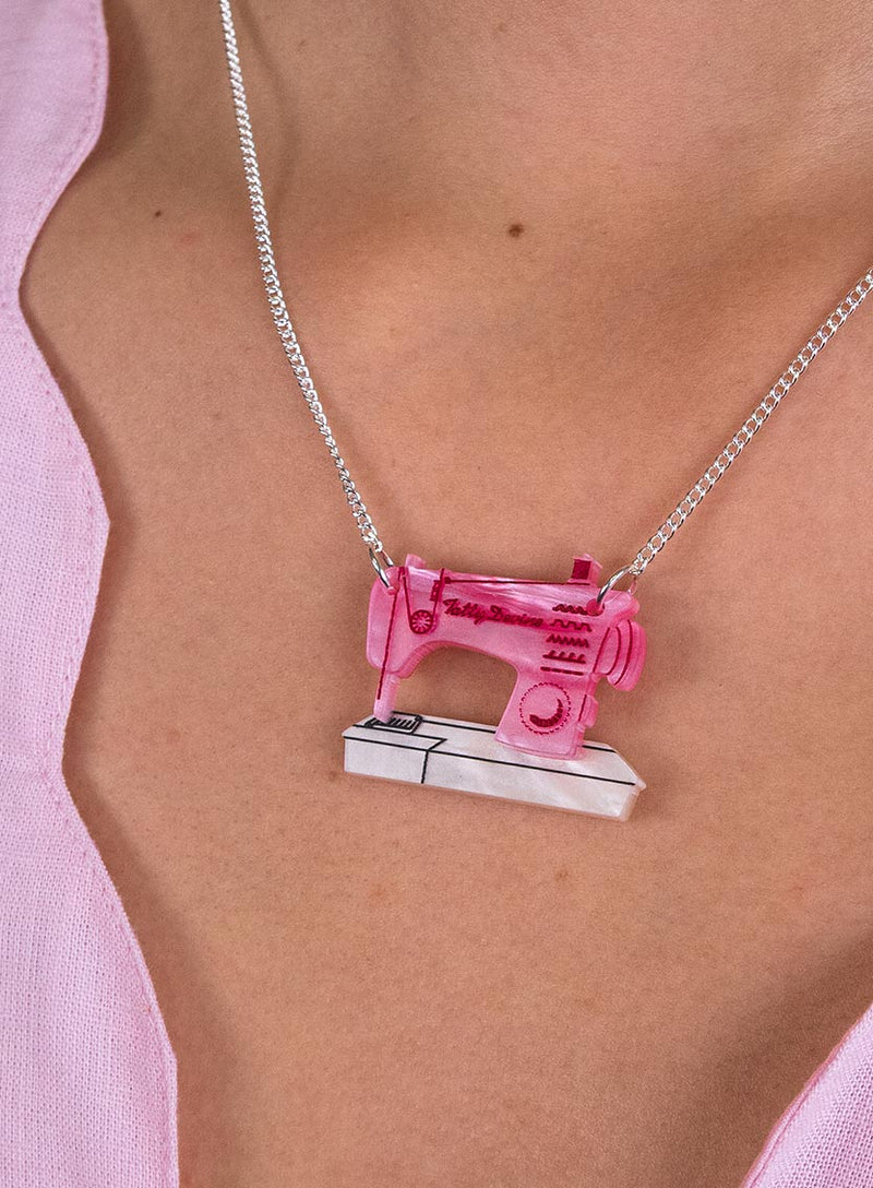 Mini Sewing Machine Necklace - Recycled Pearl Pink