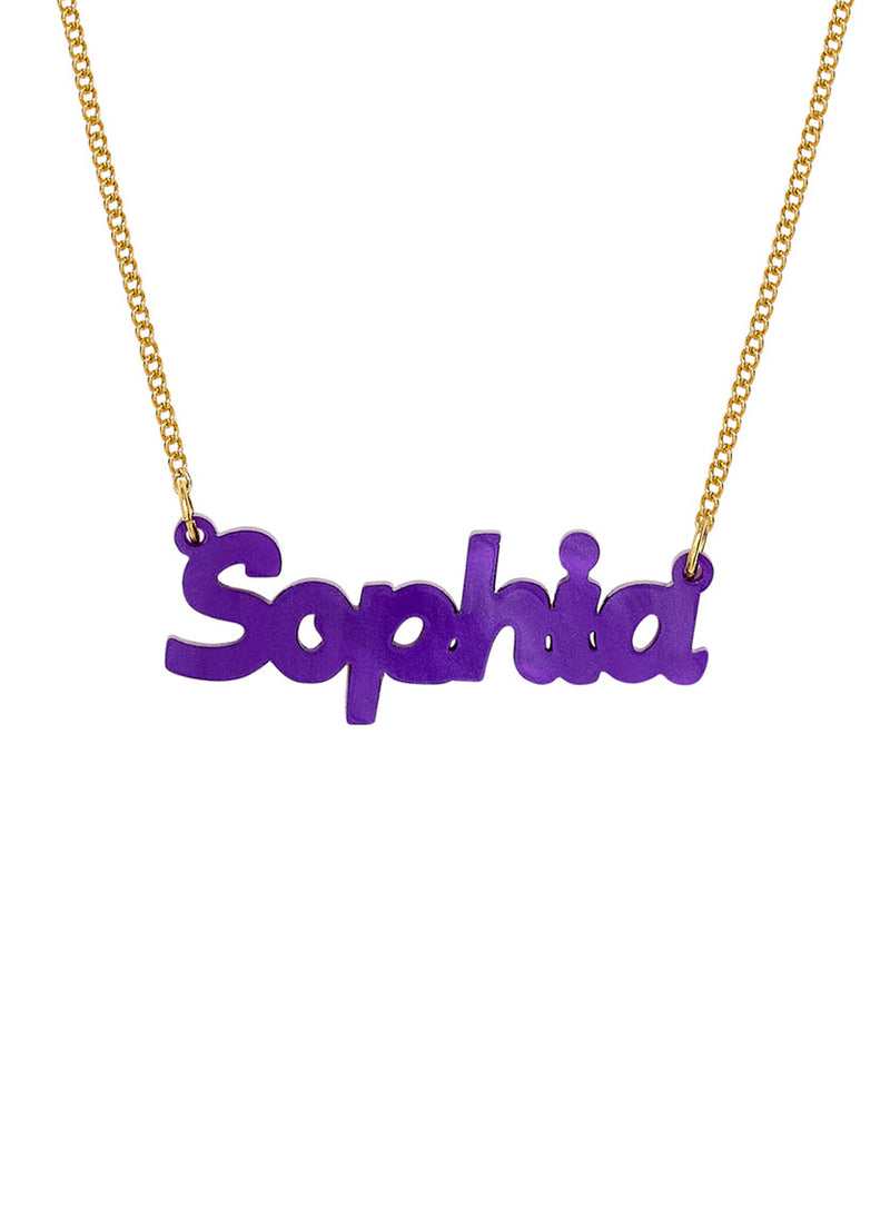 Personalised acrylic Name Necklace with a purple 'Sophia' pendant on a gold chain against a white background.