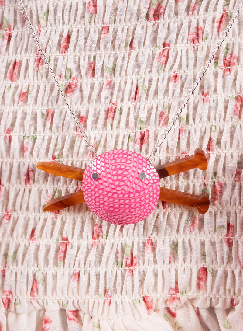 Pink Ball all of Wool Necklace with Tortoiseshell knitting needles