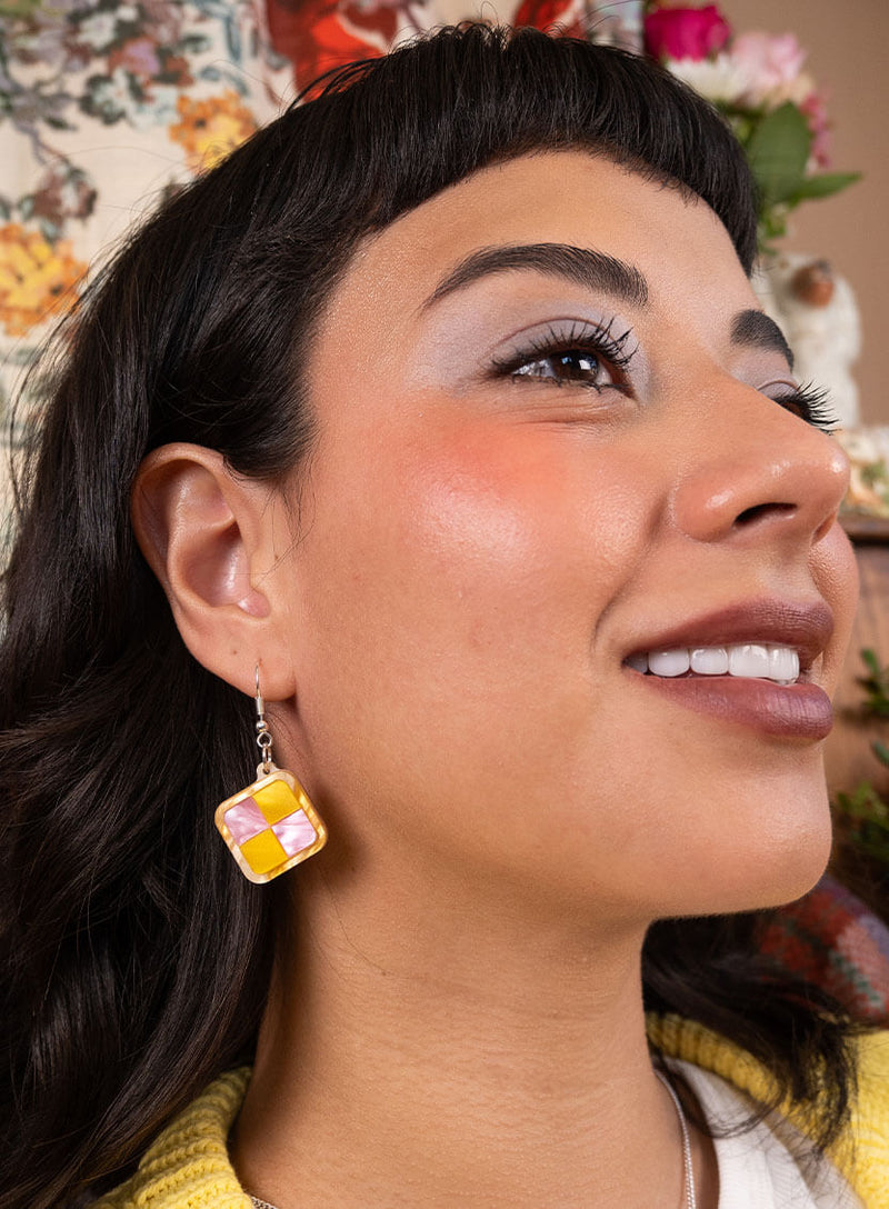 Battenberg Cake Earrings handmade from pearlescent pink and yellow acrylic