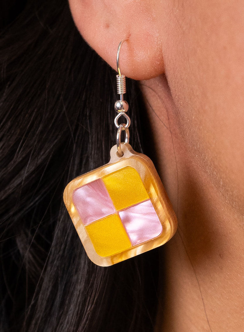 Battenberg Cake Earrings handmade from pearlescent pink and yellow acrylic
