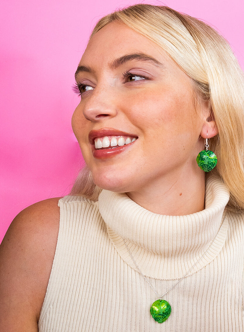 Brussels Sprout Earrings and Pendant made from glitter-flecked green acrylic