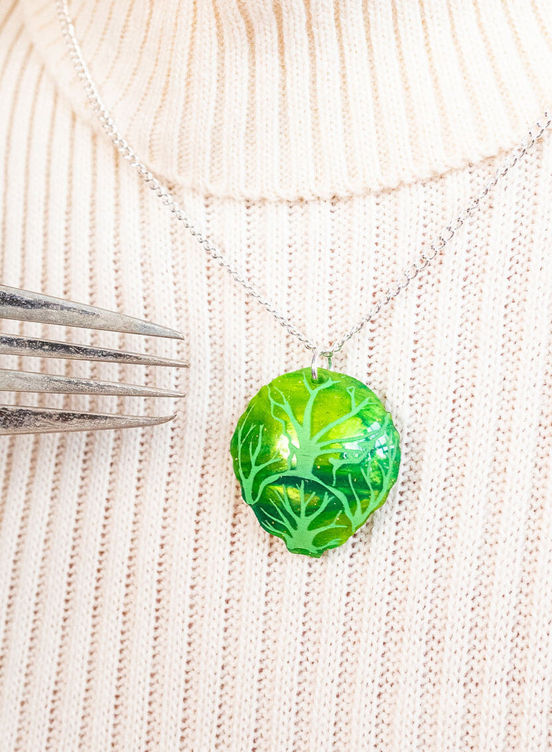 Brussels Sprout Pendant made from glitter-flecked acrylic