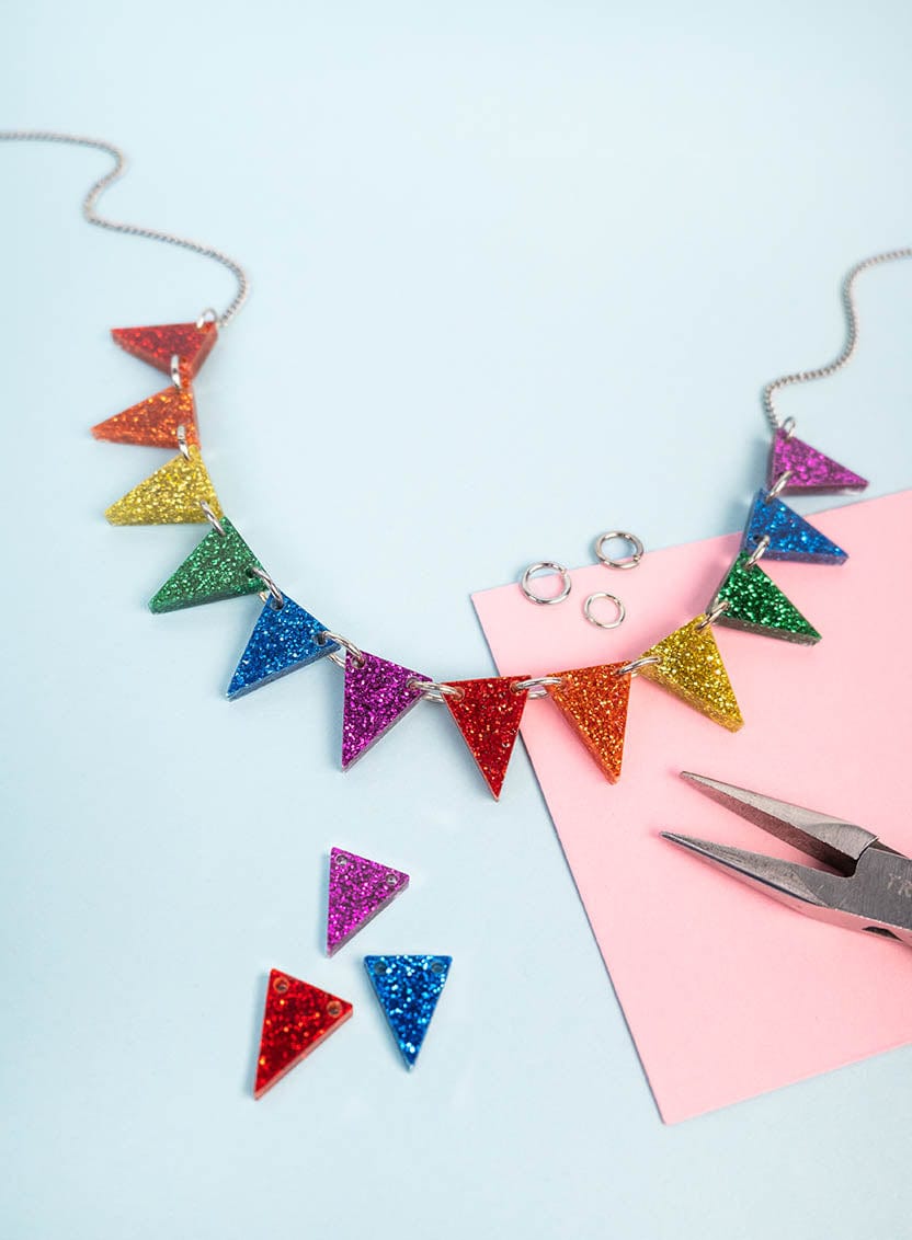 Tatty Devine Bunting Necklace Kit - Glitter Rainbow - Silver Chain