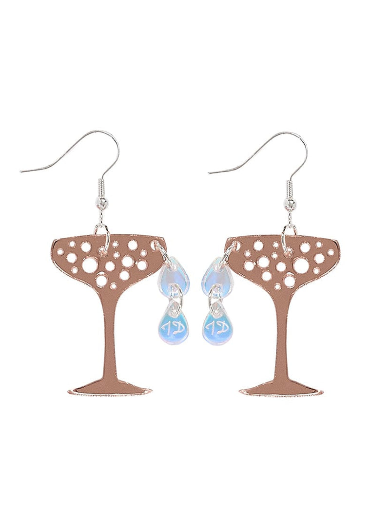 Rose Gold Champagne Glass Earrings with Iridescent Droplets