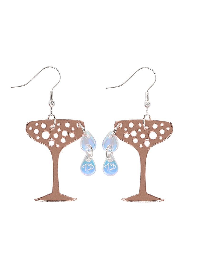 Rose Gold Champagne Glass Earrings with Iridescent Droplets
