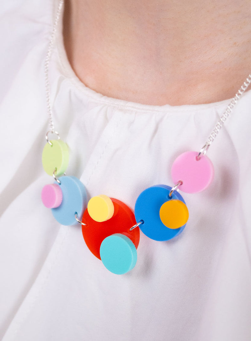 Detail of the acrylic circles creating our colourful dots necklace