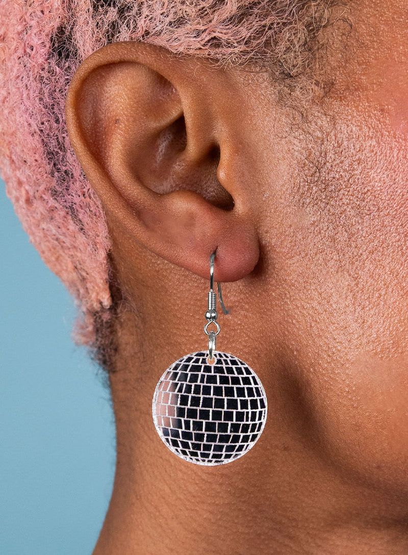 Disco Ball Earrings Silver Mirror