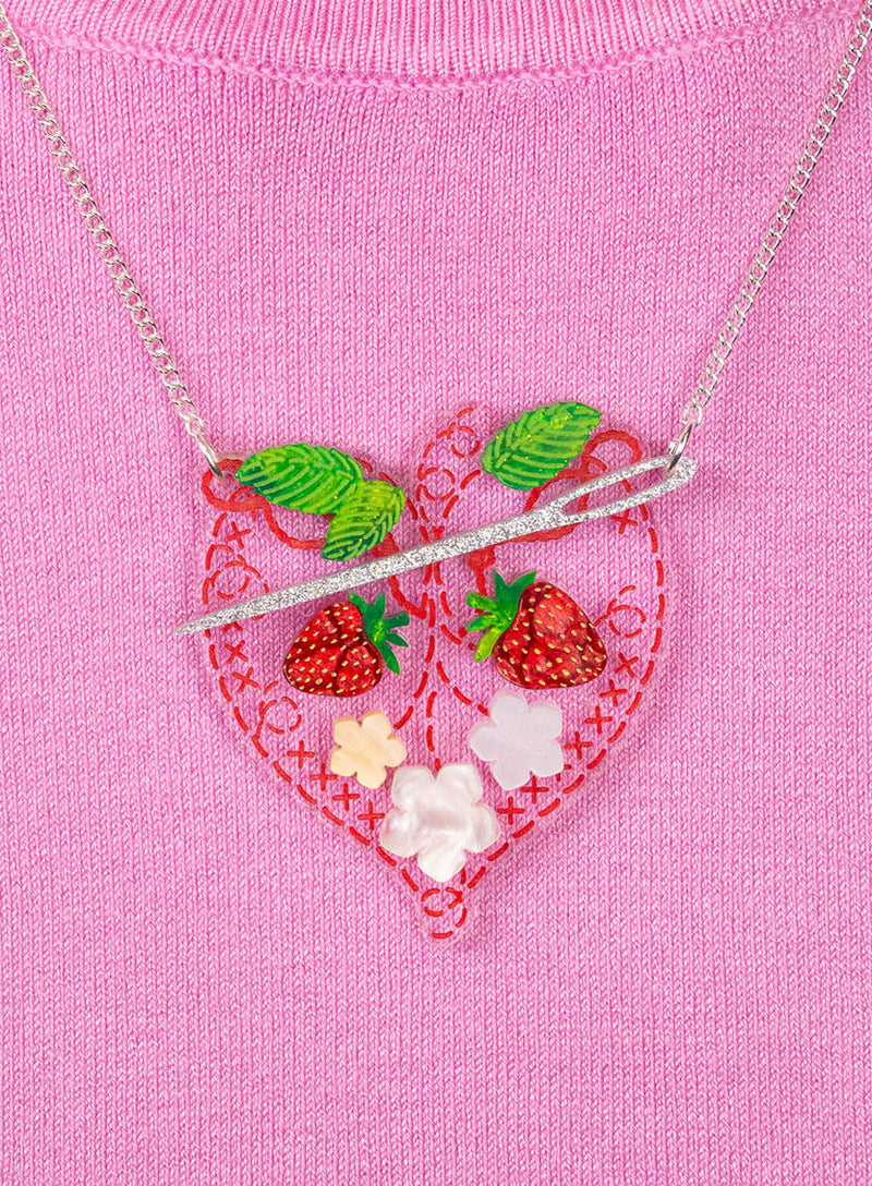 Embroidery Heart Necklace made from clear recycled acrylic etched and inked and adorned with strawberries