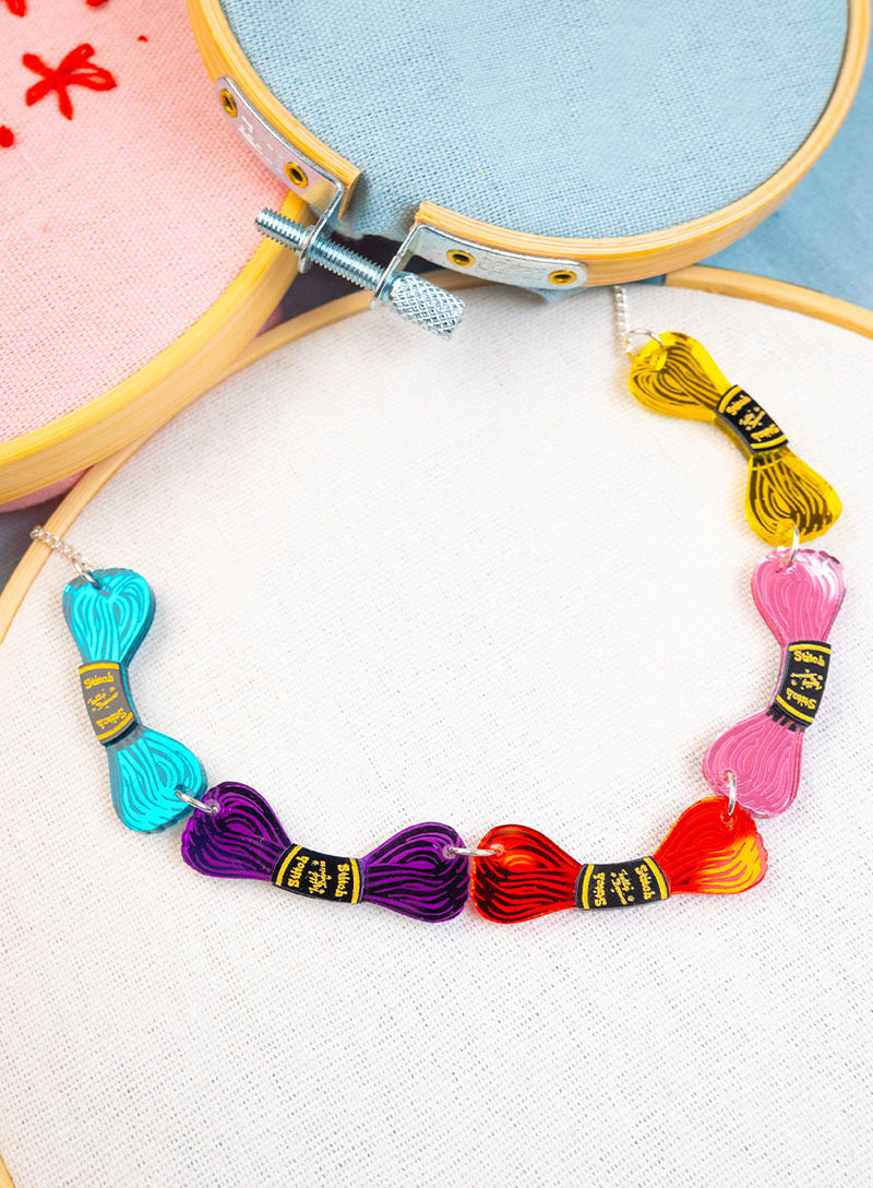 Embroidery Thread Necklace made from 5 different colours of mirror acrylic