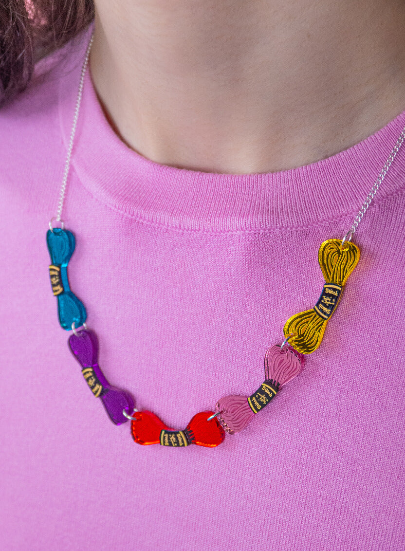 Embroidery Thread Necklace made from 5 different colours of mirror acrylic