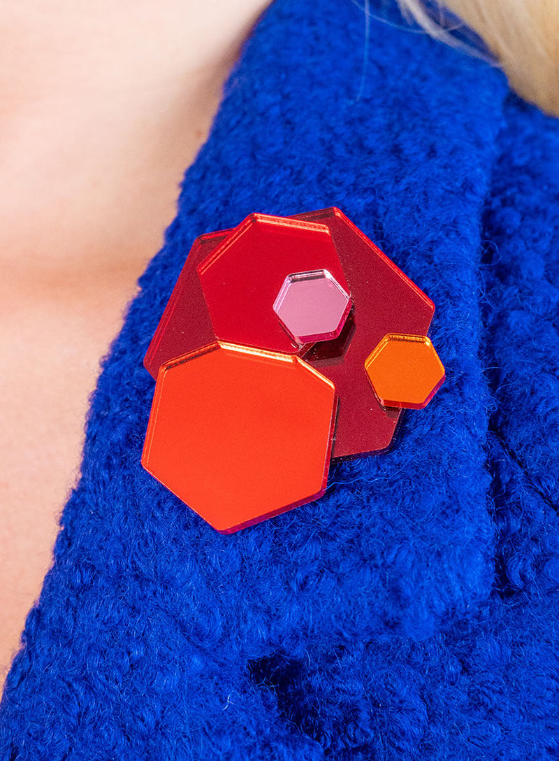 Geometric Glitter Party Brooch made from red acrylic
