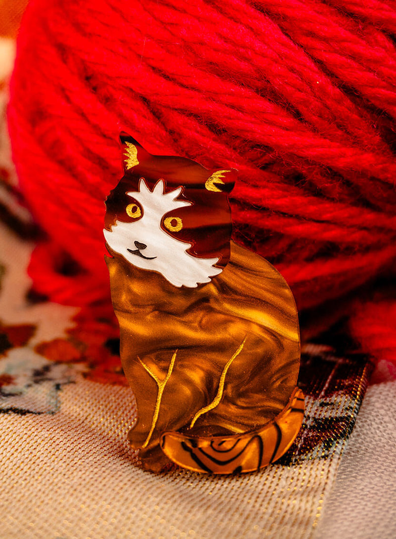Brown Tortoiseshell Cat Brooch hand-inked with gold details and white face