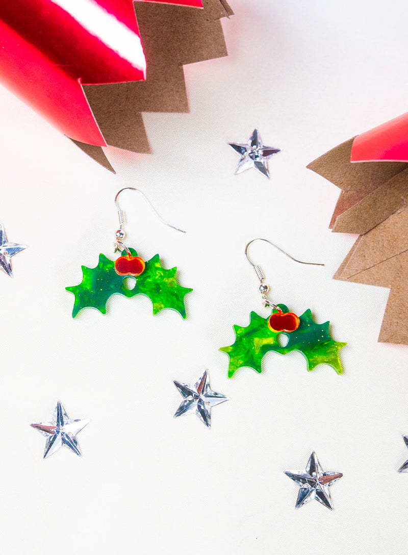 Holly Earrings made from glitter-flecked acrylic