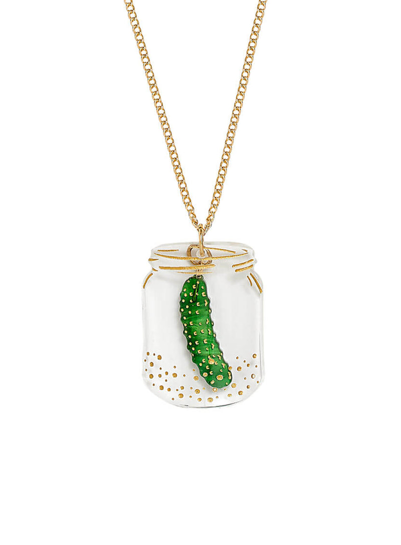 Green Gherkin In a Pickle Necklace with Clear Jar etched with gold inked details