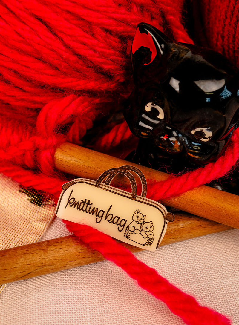 Knitting Bag Brooch made from 100% recycled cream acrylic