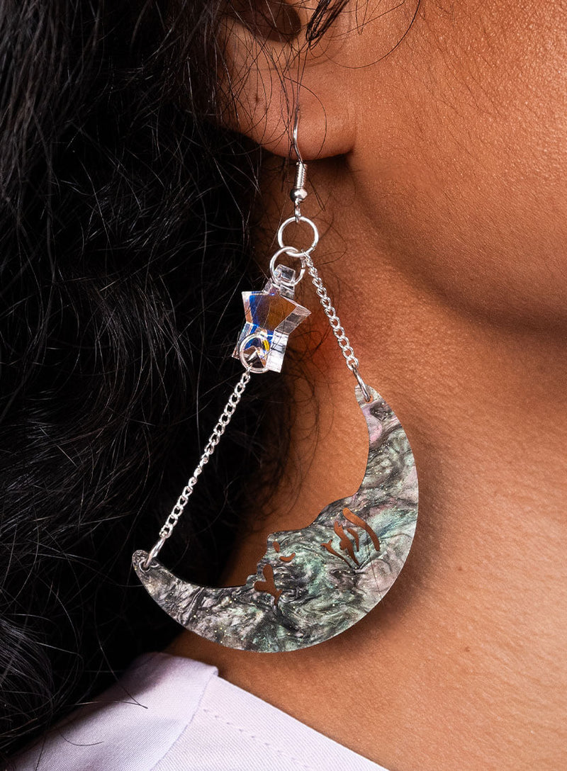 Moon and star chain drop earrings handmade from galaxy swirl acrylic