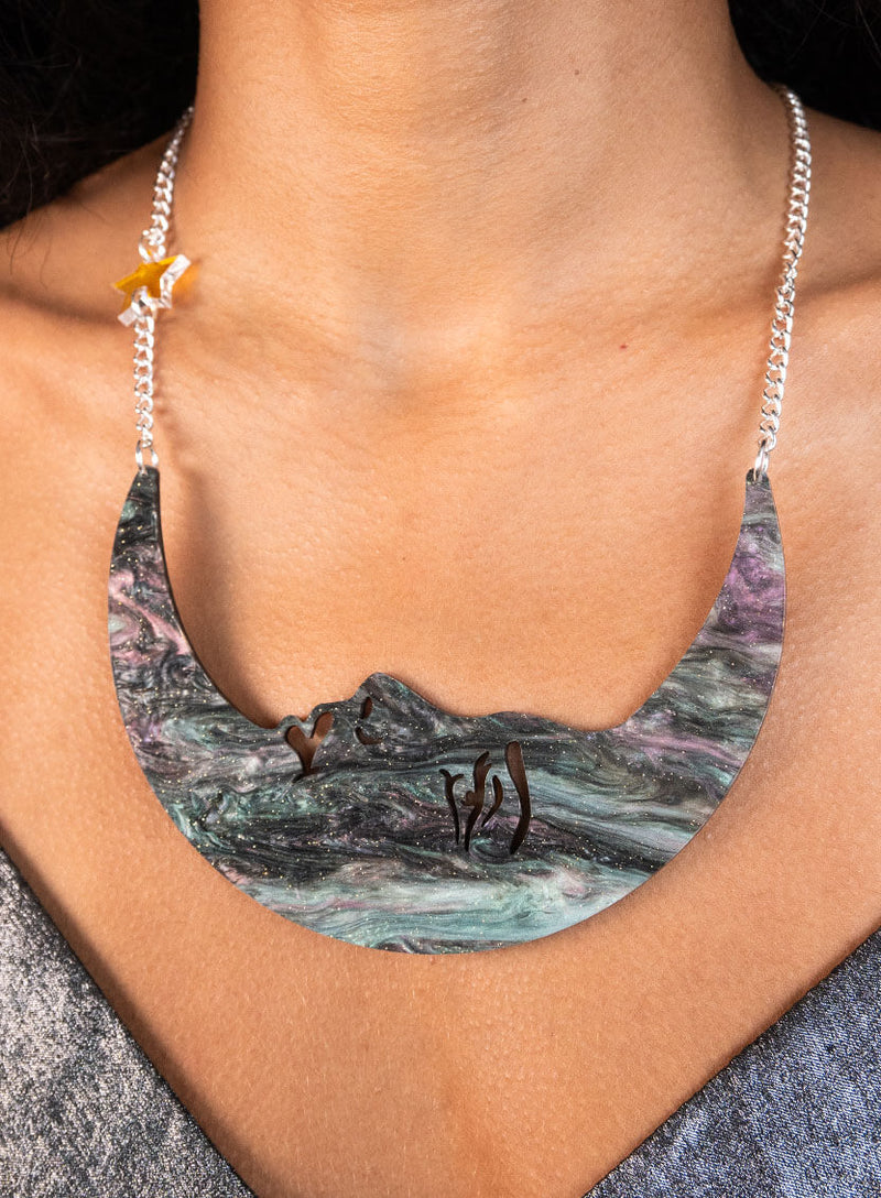 Moon and star chain drop earrings handmade from galaxy swirl acrylic