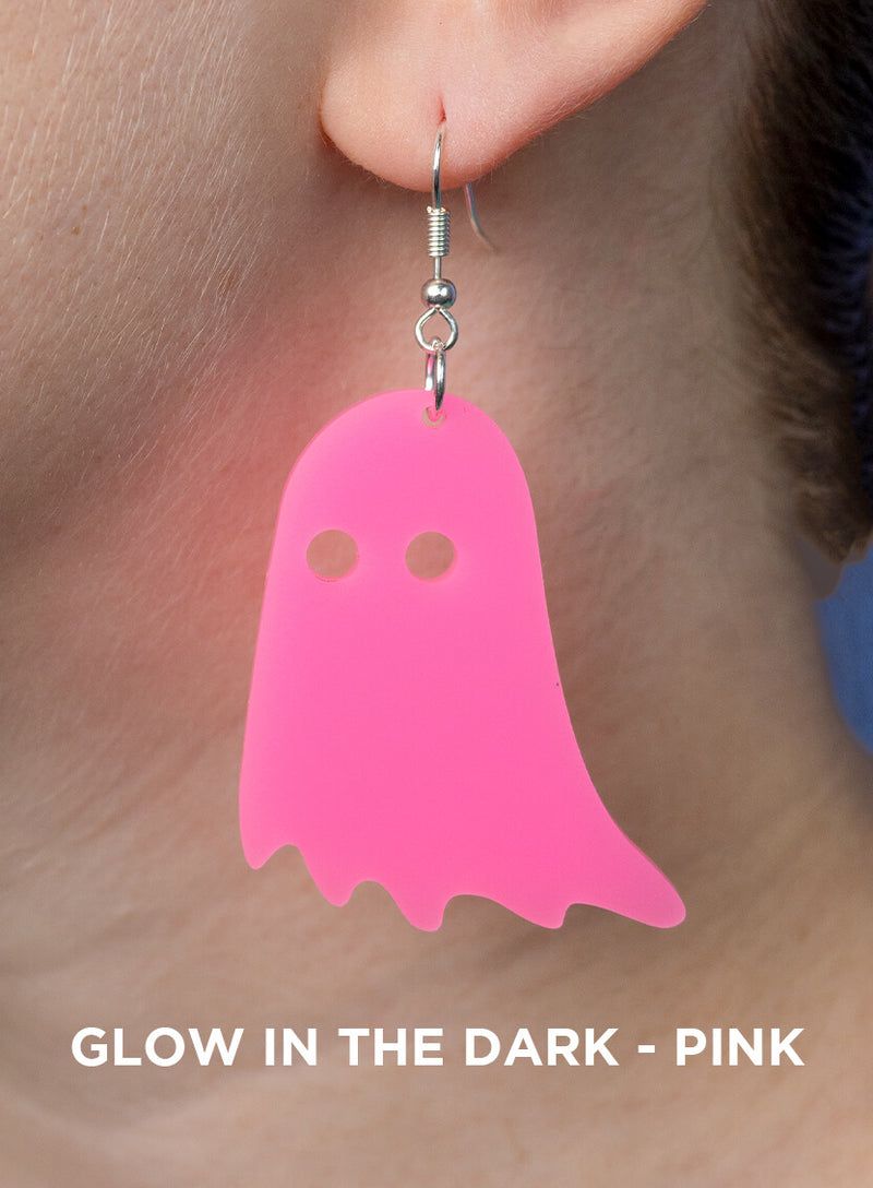 Big Ghost Earrings made with Glow in the dark pink acrylic