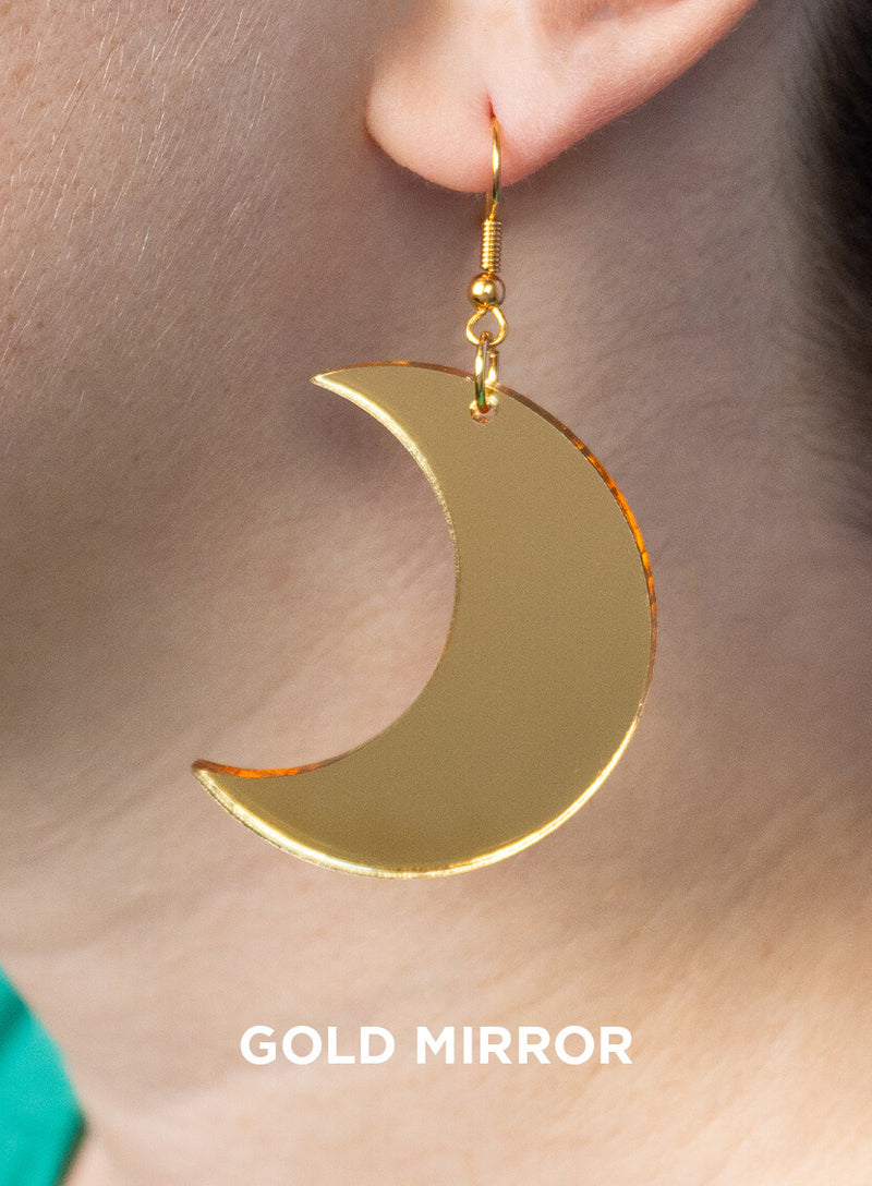 Large moon earrings made from gold mirror acyrlic