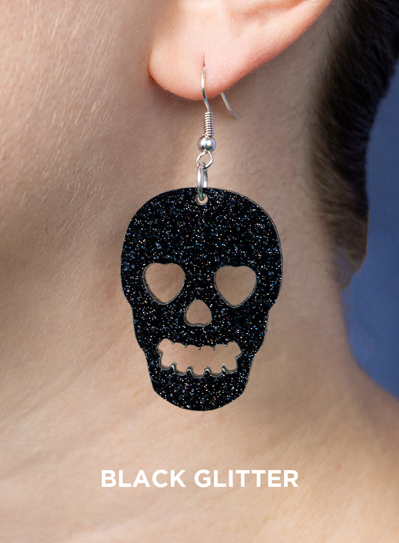 Big Skull Earrings made from black glitter acrylic