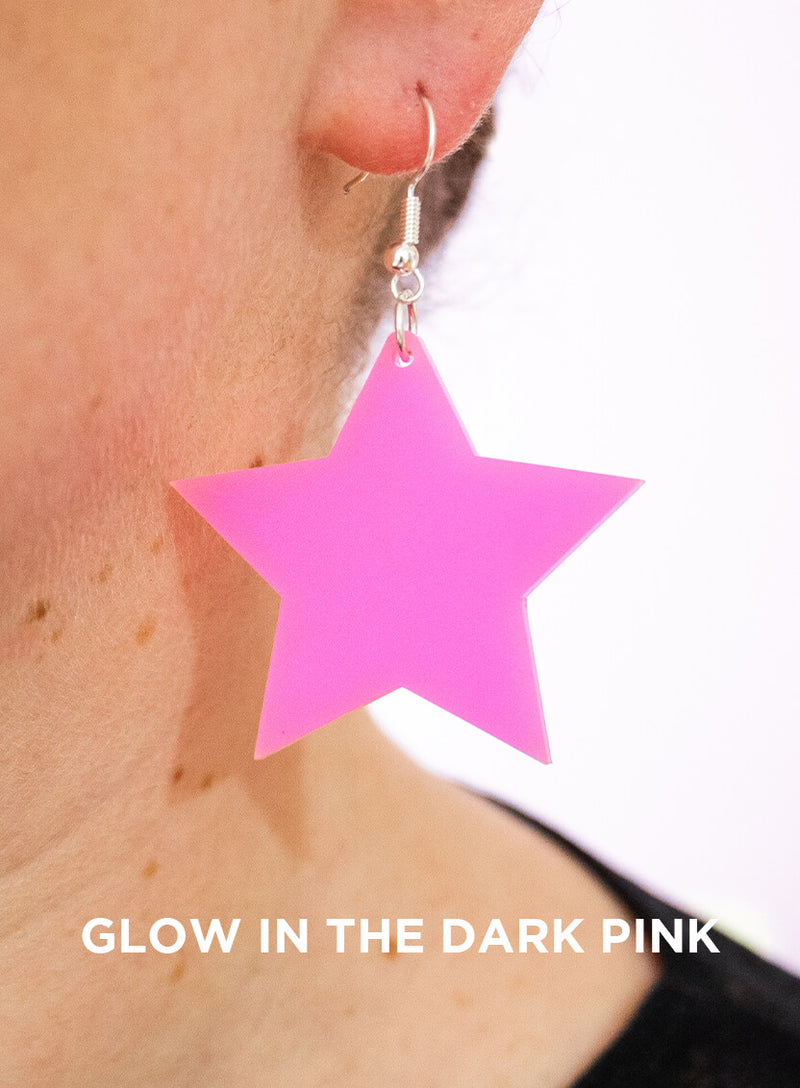 Large Star Drop Earrings handmade with glow in the dark pink acrylic