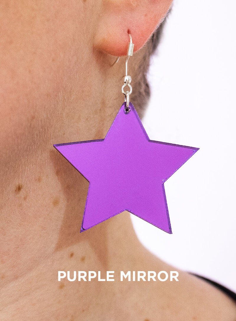 Large Star Drop Earrings handmade with purple mirror acrylic