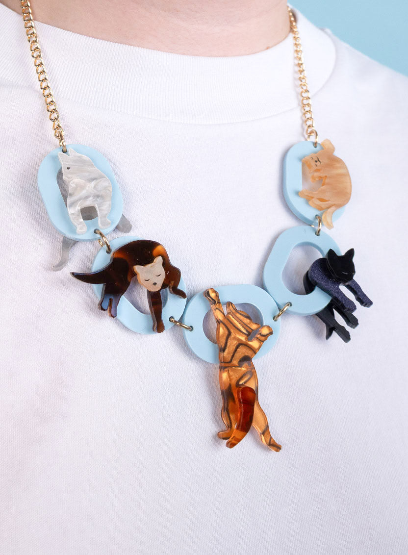 Cute Little Cats Necklace with Blue Acrylic Chain