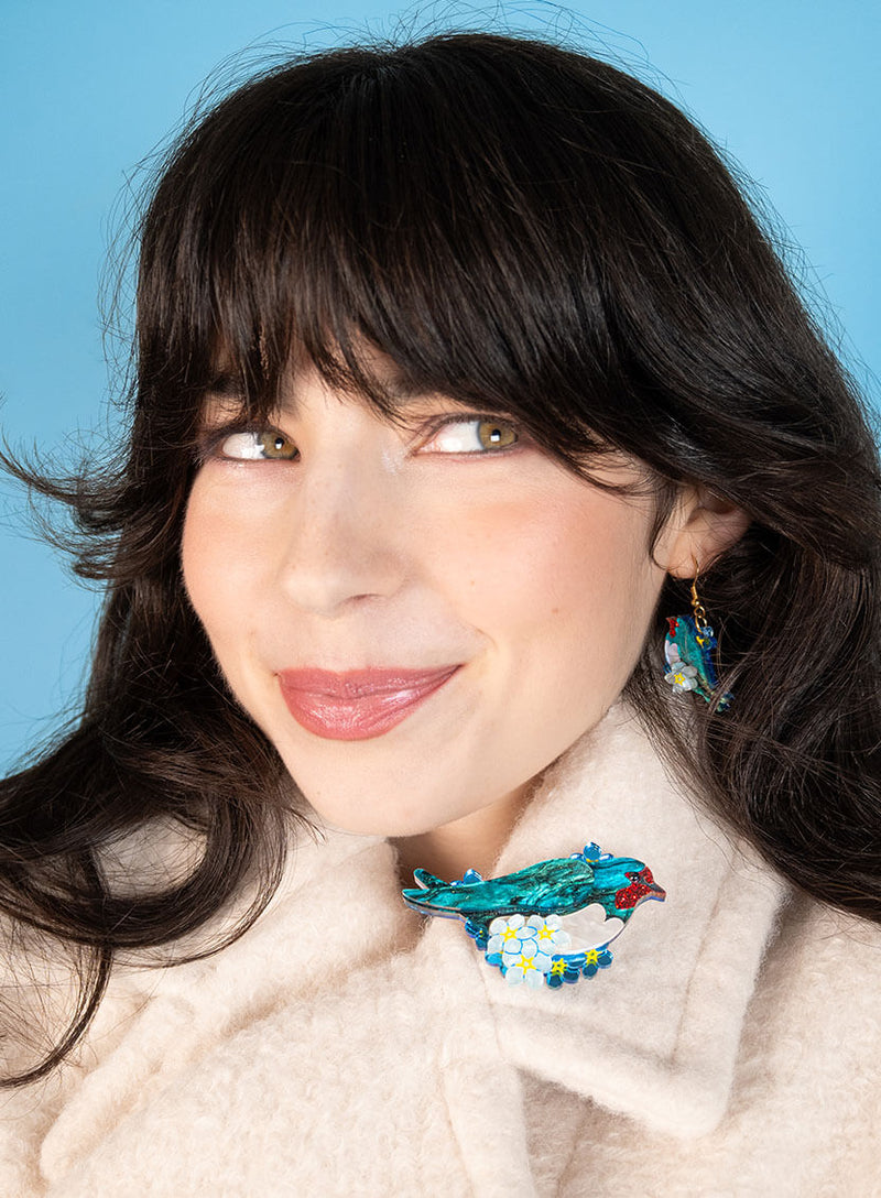 Love Bird Brooch and Earrings handmade from glitter-flecked acrylic