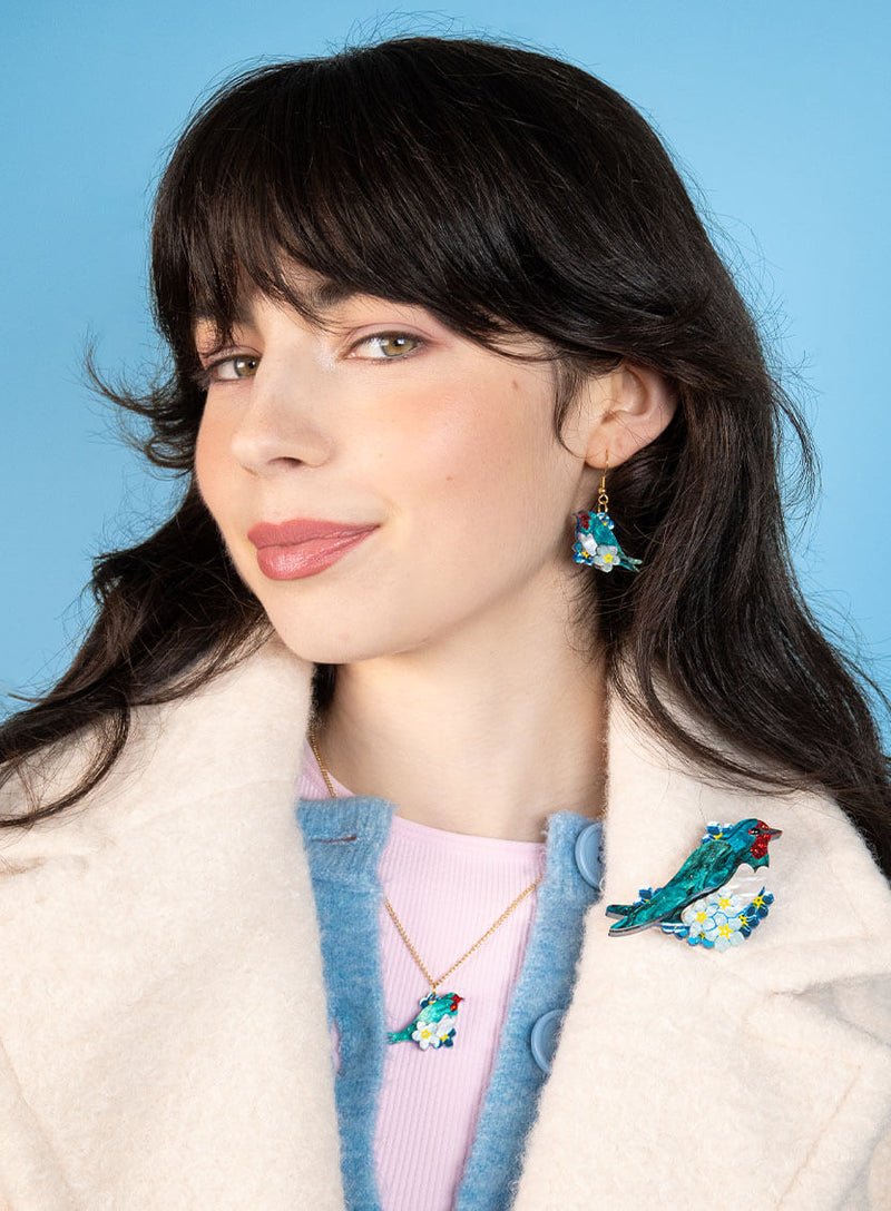 Love Bird Necklace, Earrings and Brooch handmade from glitter-flecked acrylic