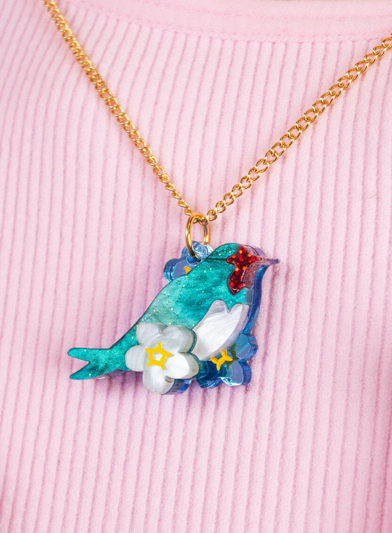 Love Bird Pendant handmade from glitter-flecked acrylic