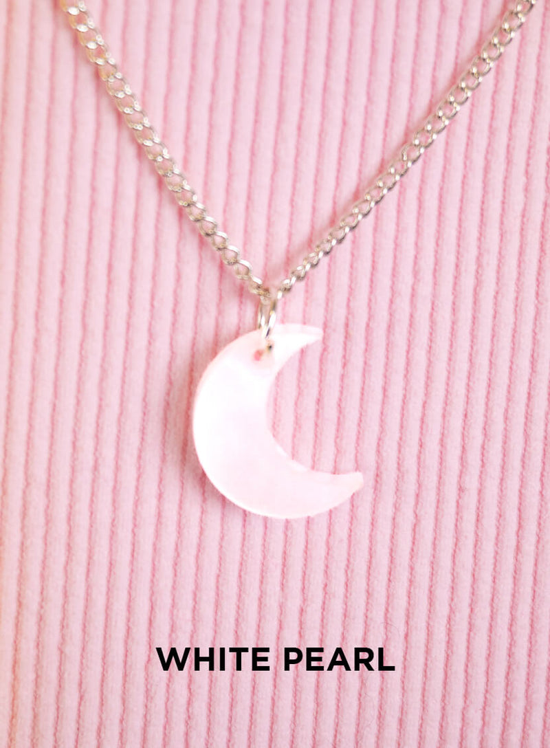 Small Moon Necklace made from white pearl acrylic
