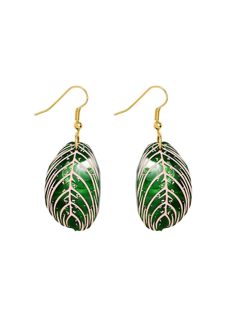 Swirling Green Prayer Plant Leaves Earrings etched with pink details