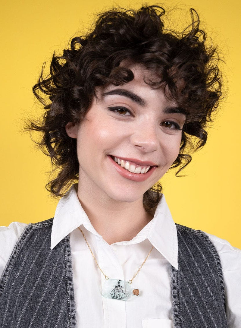 See-through curved recycled acrylic Ship In A Bottle Necklace with cork lid