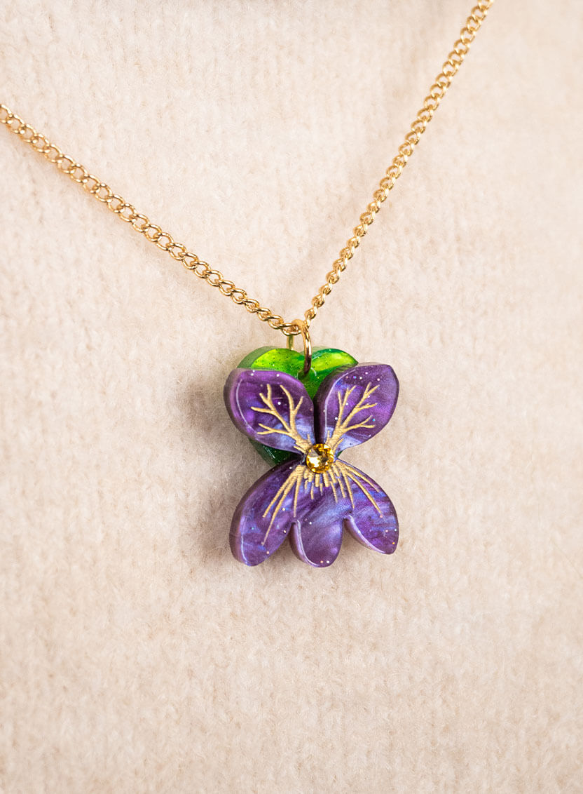 Sweet Violet Flower Pendant handmade from glitter-flecked acrylic