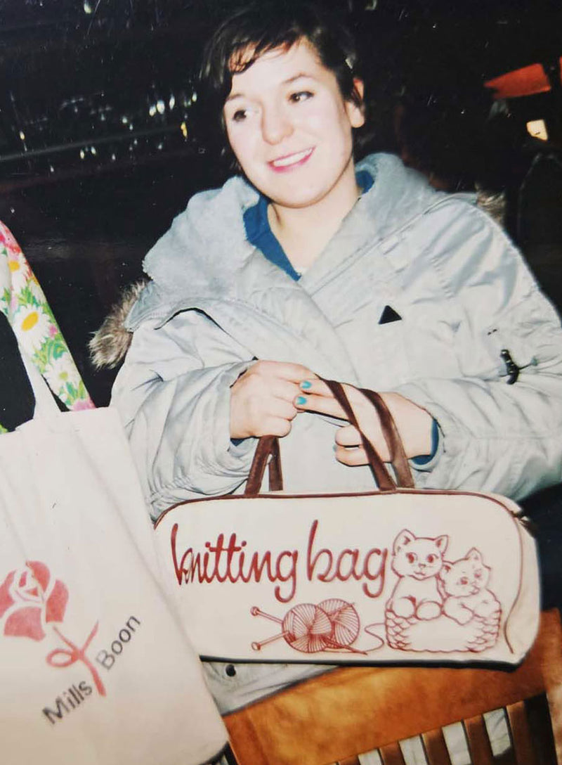 Tatty Devine Co-Founder Rosie Wolfenden with the original knitting bag that inspired this brooch.