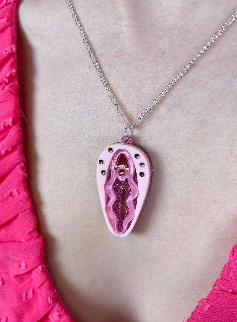 Vulva Necklace - Pink Glitter Acrylic with Crystals
