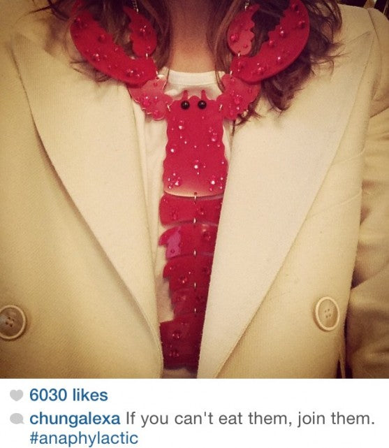 Alexa Chung looks snappy in a Tatty Devine Lobster Necklace!